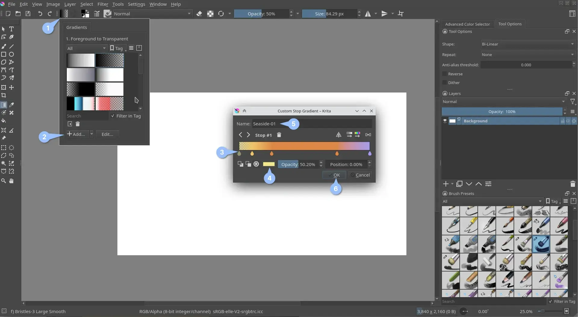 Steps for adding a stop gradient preset in Krita
