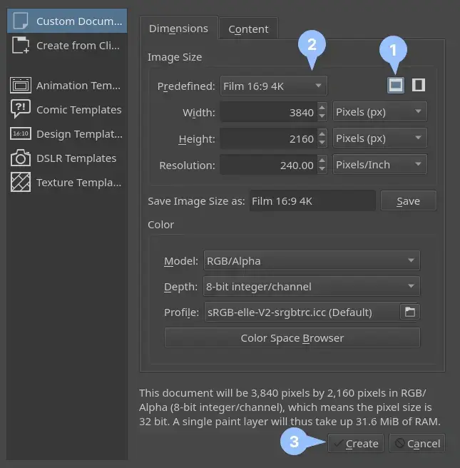New file dialog in Krita
