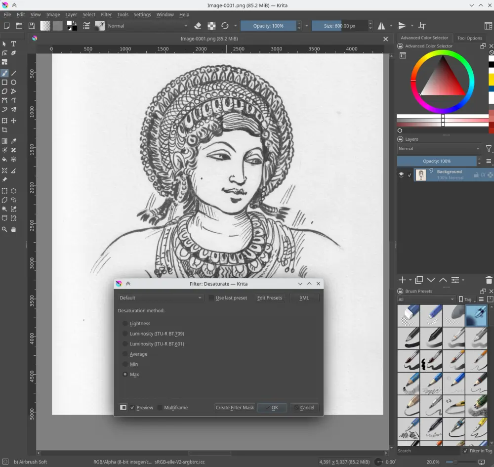 desaturate dialog box with max option selected