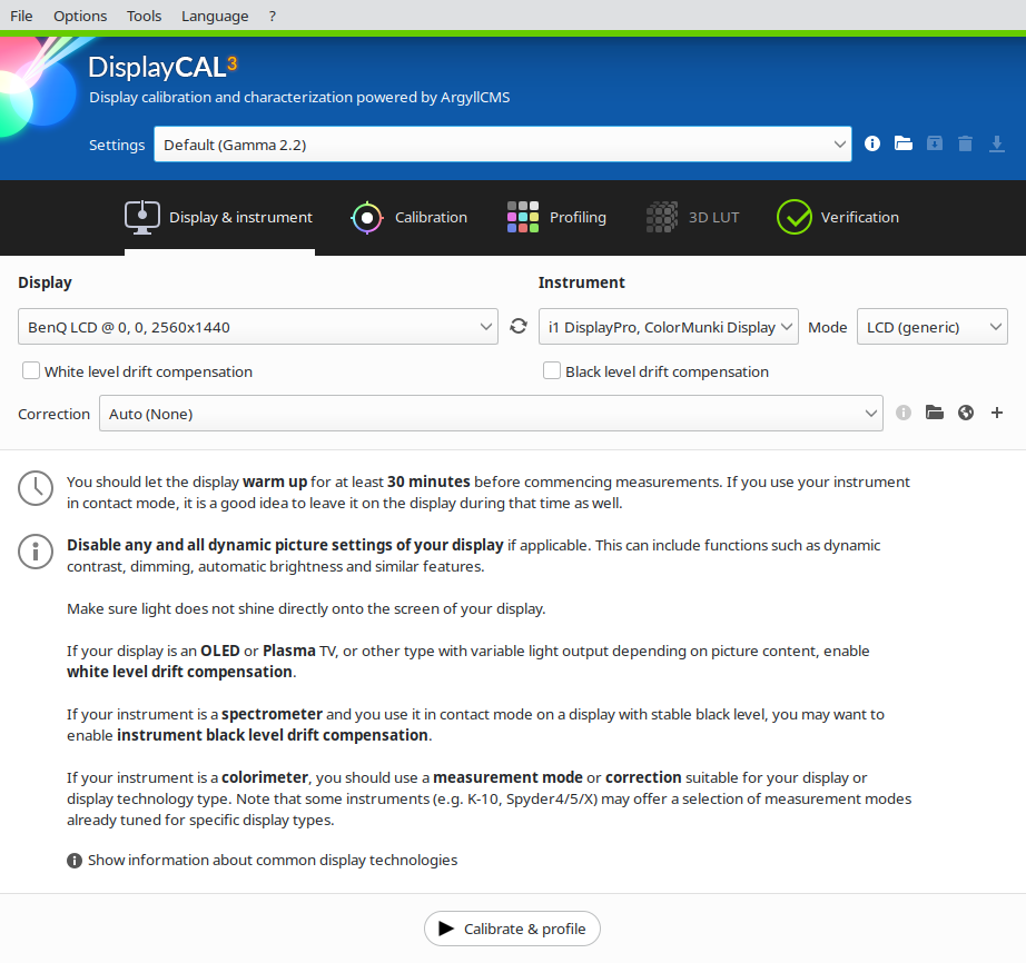 Screenshot of Displaycal window
