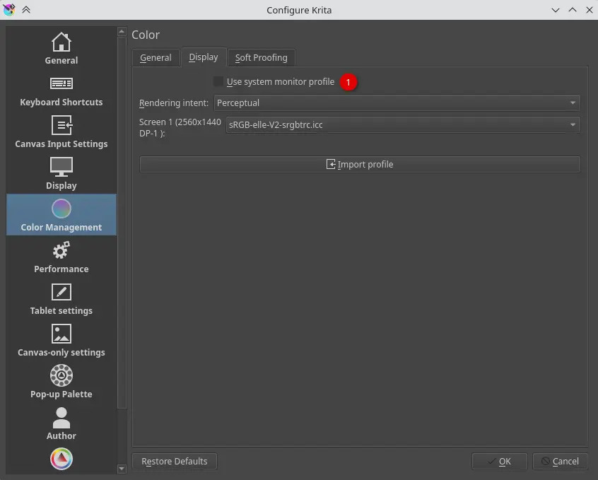 Screenshot showing color management part of the krita settings