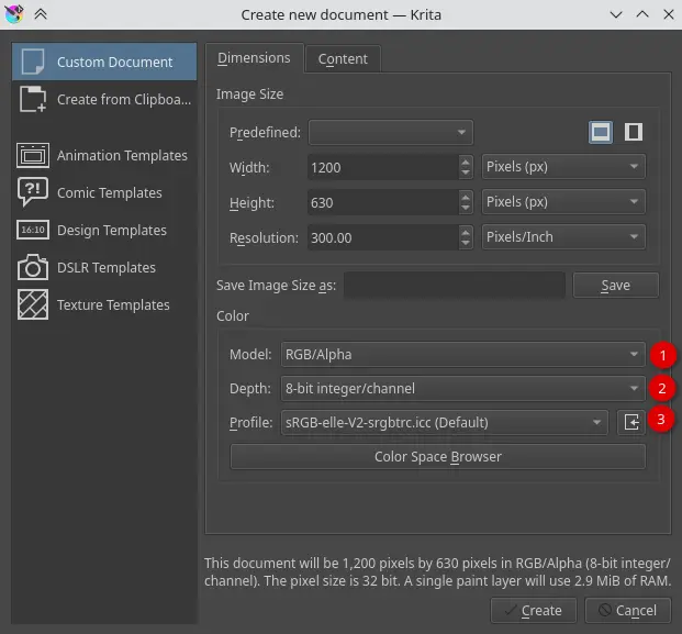 image showing new document dialog box in Krita