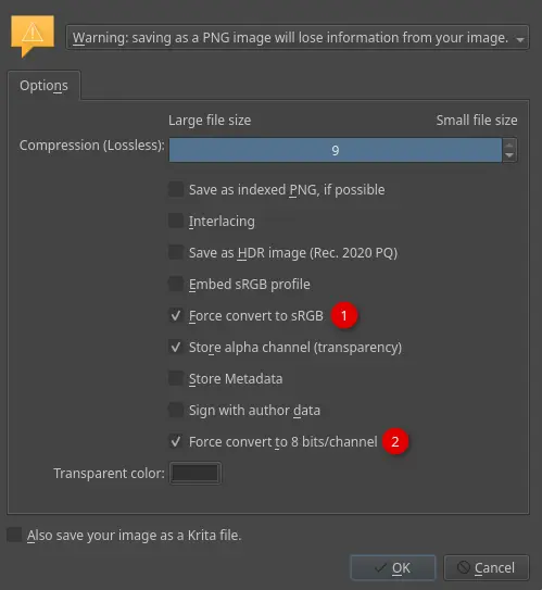 screenshot showing the PNG export options with correct options ticked